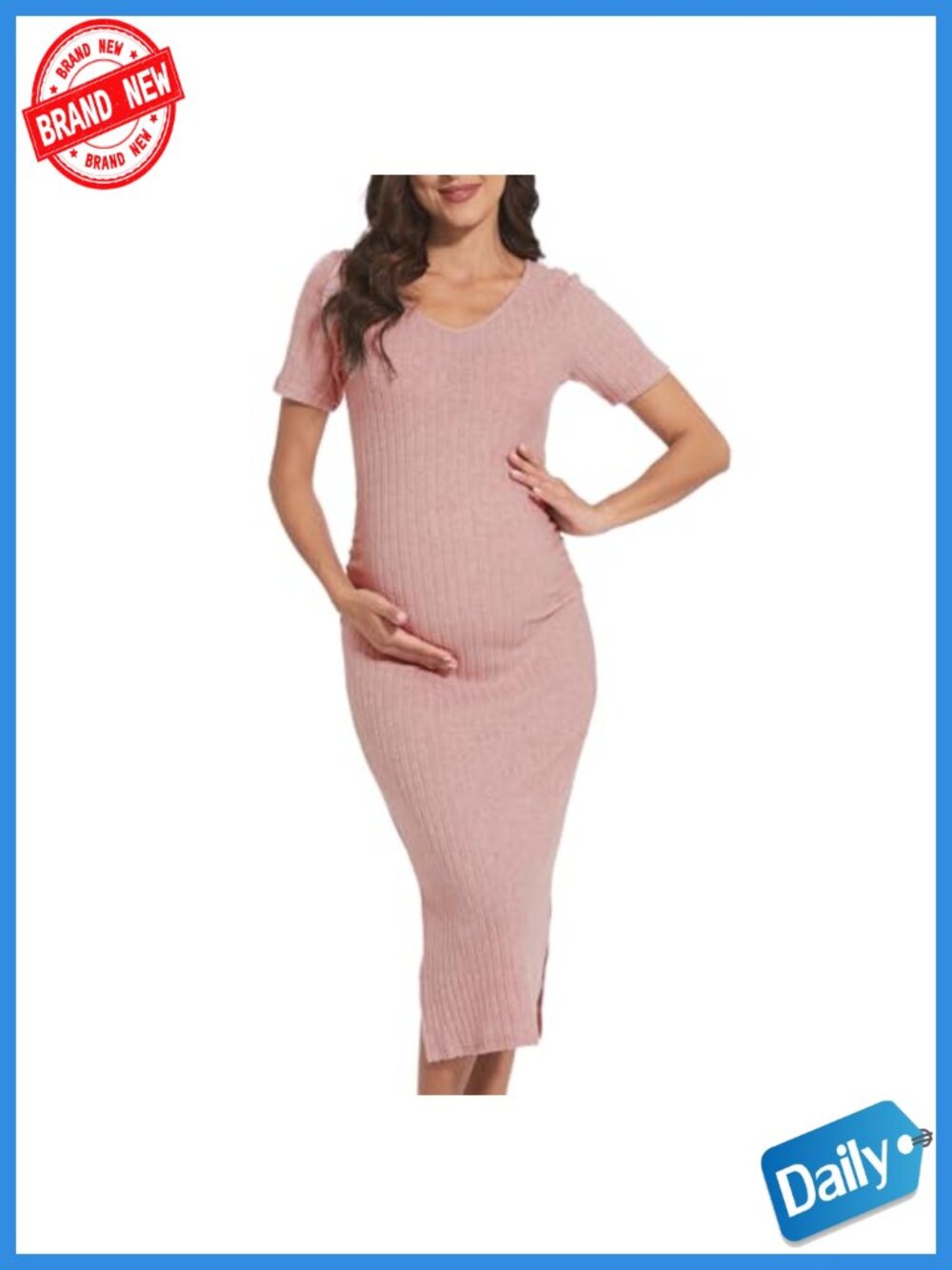 Maternity Bodycon Midi Dress with Side Slit Short Sleeve